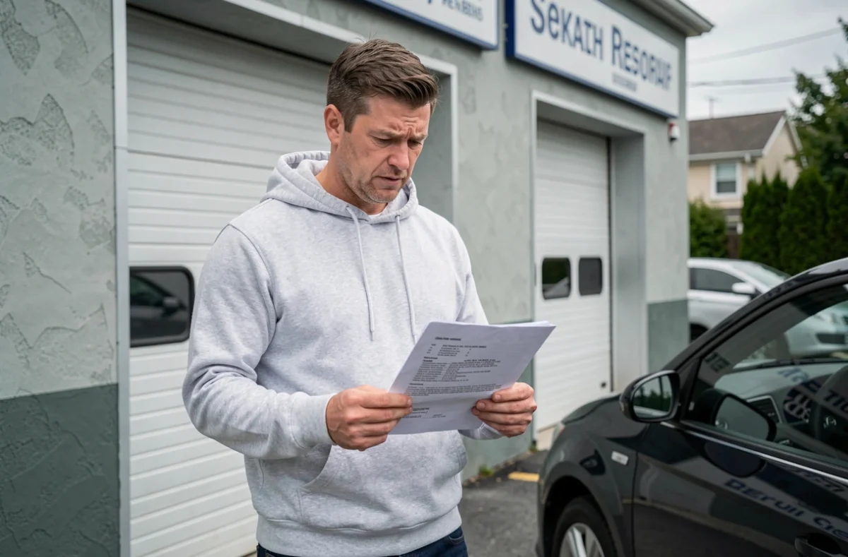 Propriétaire de voiture examinant un devis de reprogrammation moteur devant un garage automobile