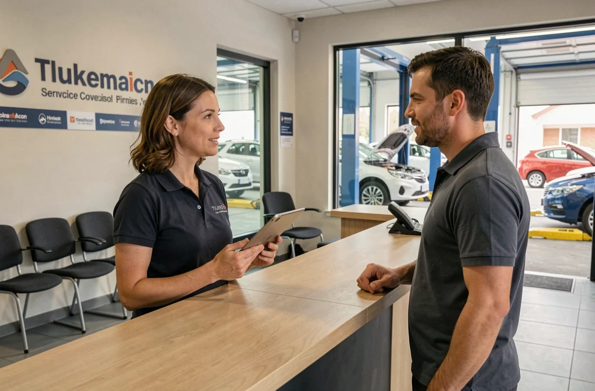 Conseillère clientèle accueillant un client dans la réception d'un garage automobile en Auvergne