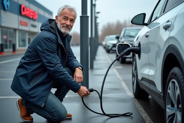 Homme branchant un câble de recharge sur une borne de recharge voiture électrique dans un parking Carrefour