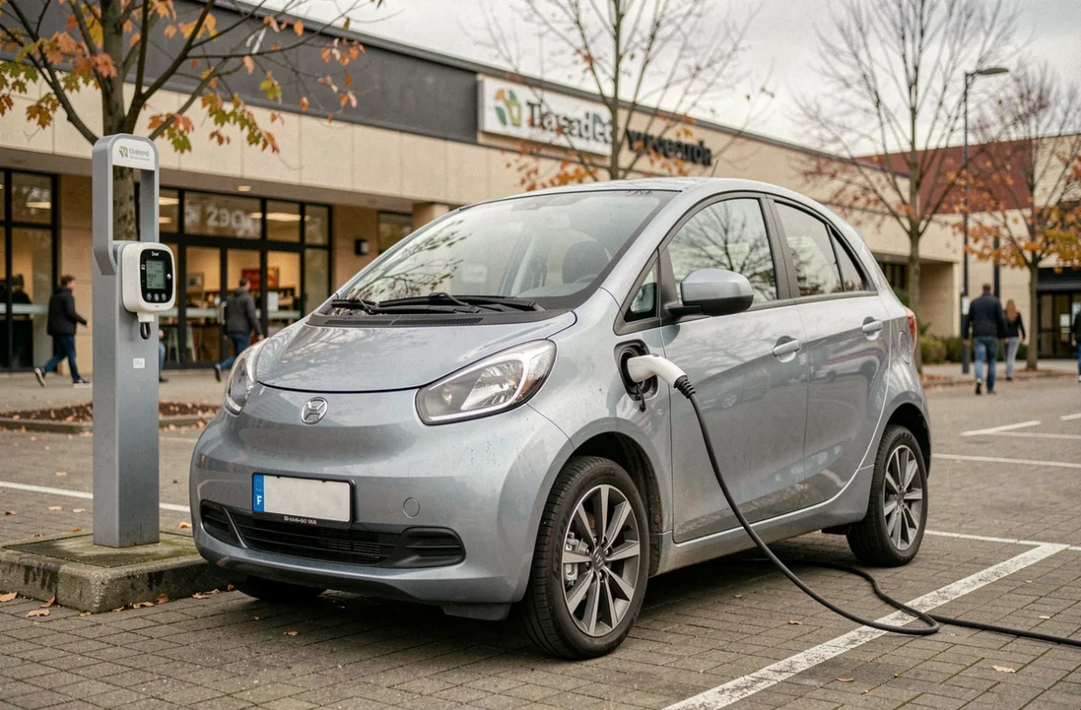 Petite voiture électrique sans permis en charge sur une borne publique dans un parking