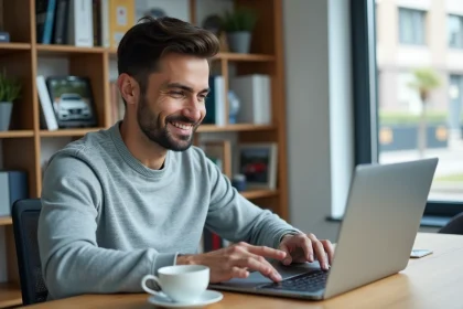 Homme consultant le site Pifauto.com sur un ordinateur portable pour rechercher une voiture d'occasion en 2026