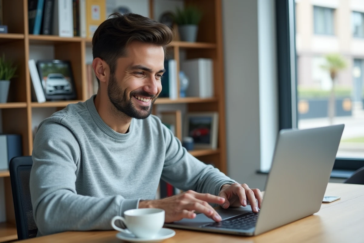 Homme consultant le site Pifauto.com sur un ordinateur portable pour rechercher une voiture d'occasion en 2026