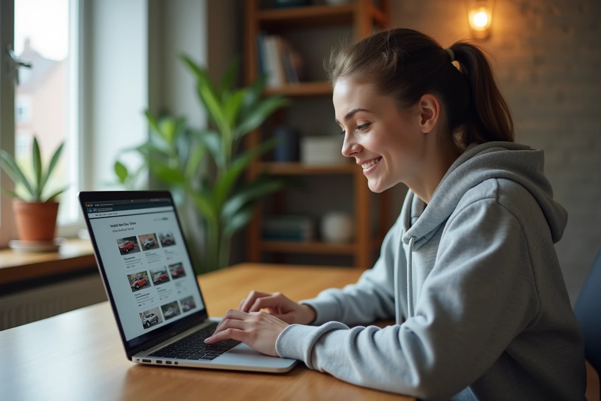 Jeune femme recherchant une voiture d'occasion sur un site internet depuis son appartement