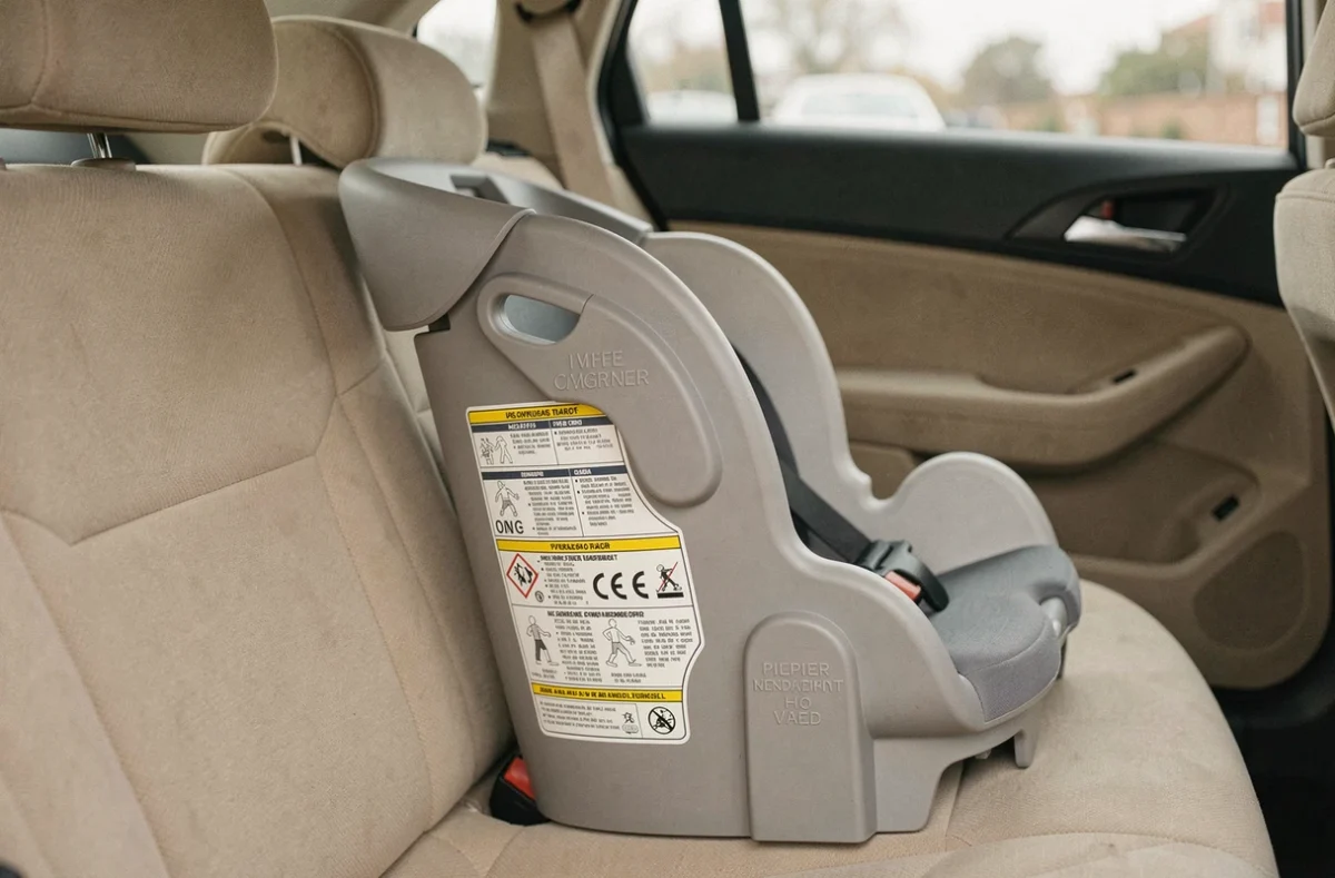 Rehausseur auto avec labels de sécurité visibles sur le siège arrière d'un véhicule familial