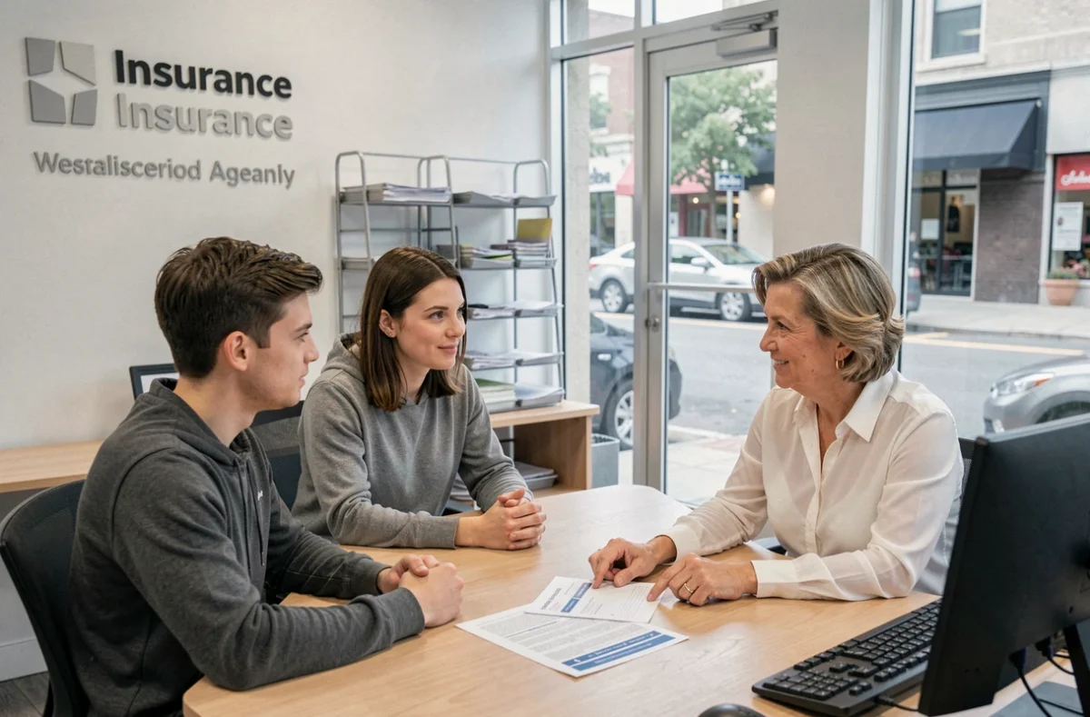 Couple rencontrant un conseiller en assurance auto dans une agence moderne à Forbach pour comparer les offres