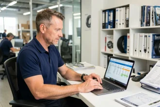 Responsable de flotte automobile consultant un catalogue de pneus en ligne sur son ordinateur portable dans un bureau professionnel
