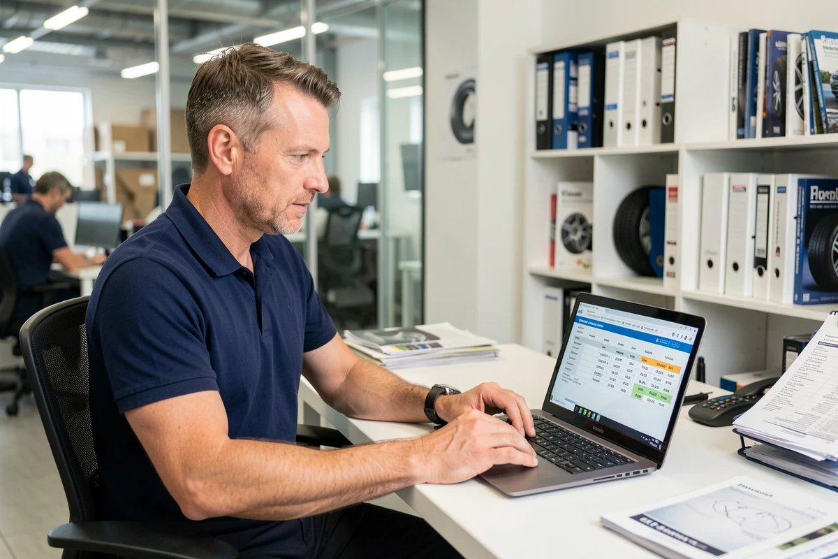 Responsable de flotte automobile consultant un catalogue de pneus en ligne sur son ordinateur portable dans un bureau professionnel