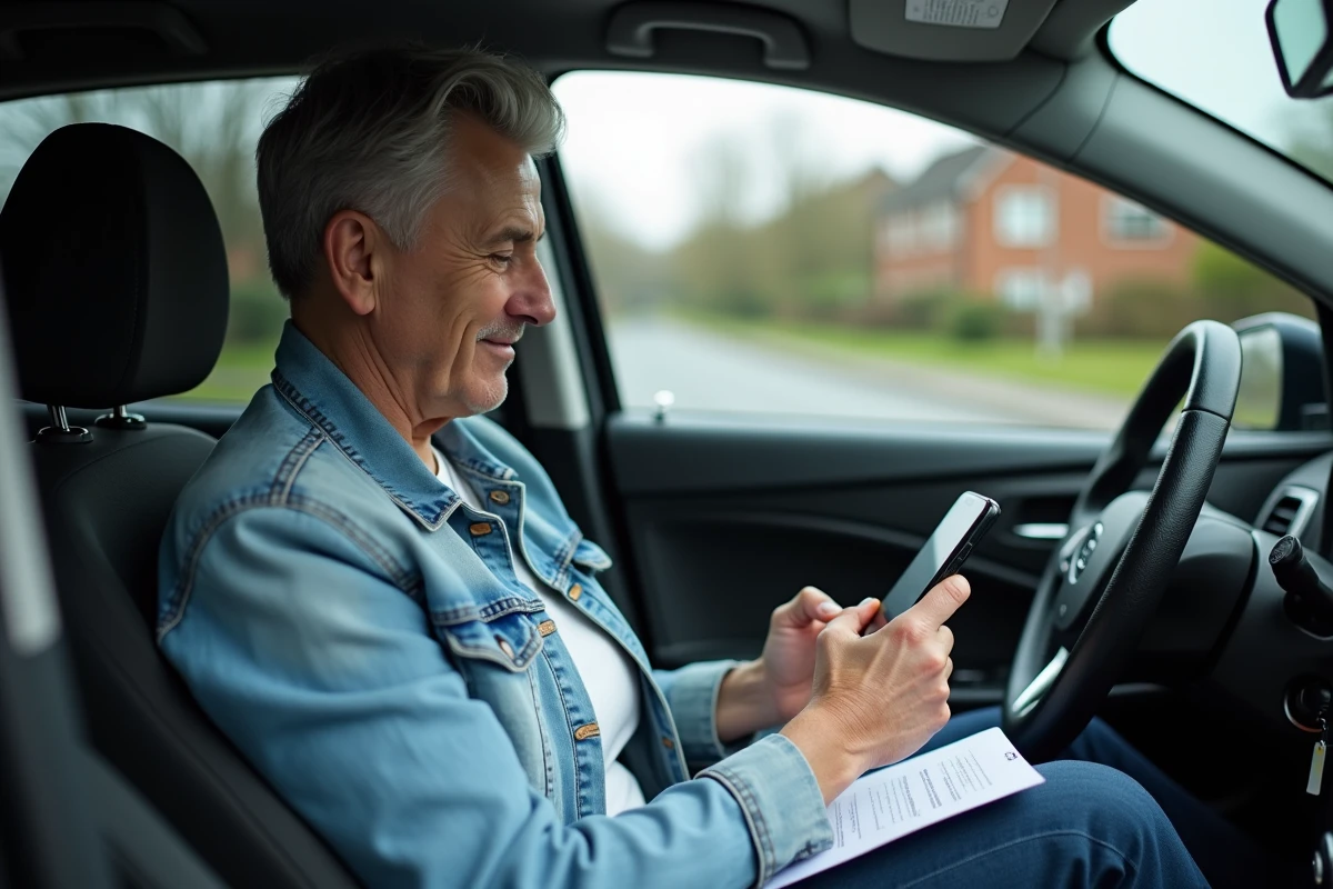 Personne révisant le code de la route sur smartphone dans une voiture garée