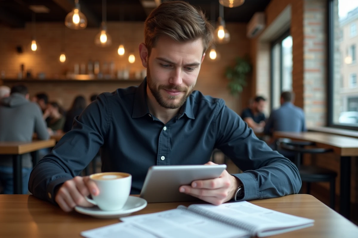 Homme consultant des fiches simplifiées de révision du code de la route sur une tablette dans un café moderne