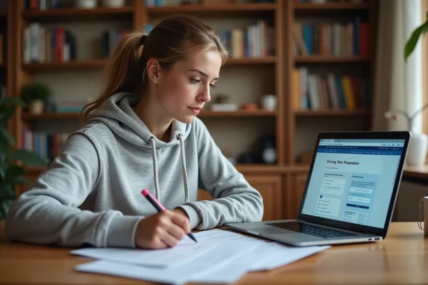 Jeune femme révisant son permis de conduire avec des fiches PDF imprimées et un ordinateur portable sur un bureau en bois