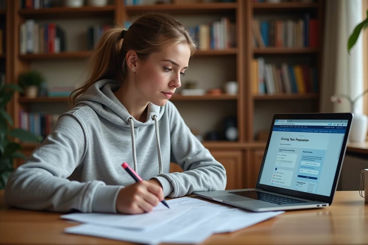 Jeune femme révisant son permis de conduire avec des fiches PDF imprimées et un ordinateur portable sur un bureau en bois