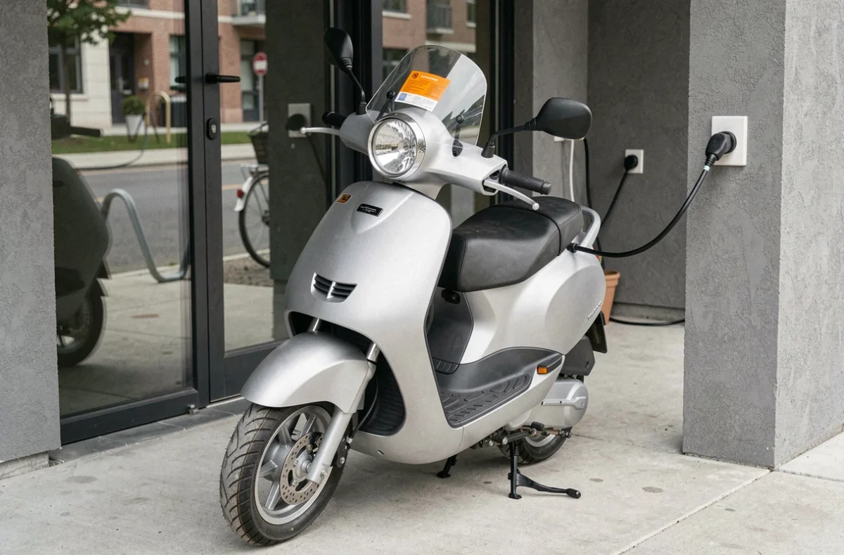 Scooter électrique 50cc branché sur une borne de recharge avec vignette d'assurance visible à l'entrée d'un immeuble