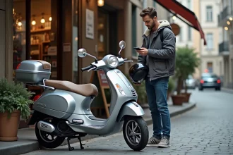 Homme debout à côté de son scooter Honda 125 en ville, consultant son téléphone pour calculer le coût d'usage