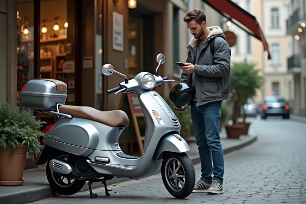 Homme debout à côté de son scooter Honda 125 en ville, consultant son téléphone pour calculer le coût d'usage