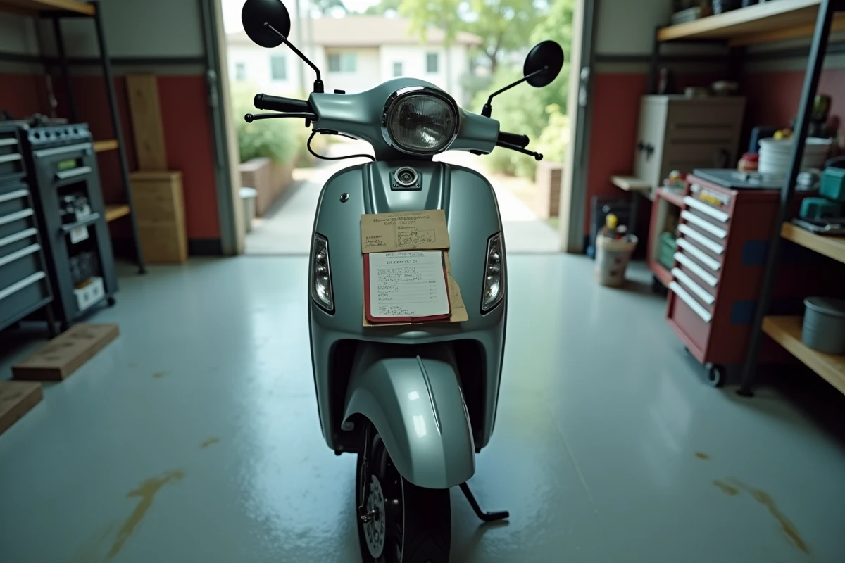 Vue frontale d'un scooter Honda 125 dans un garage avec notes de calcul de prix d'achat posées sur la selle