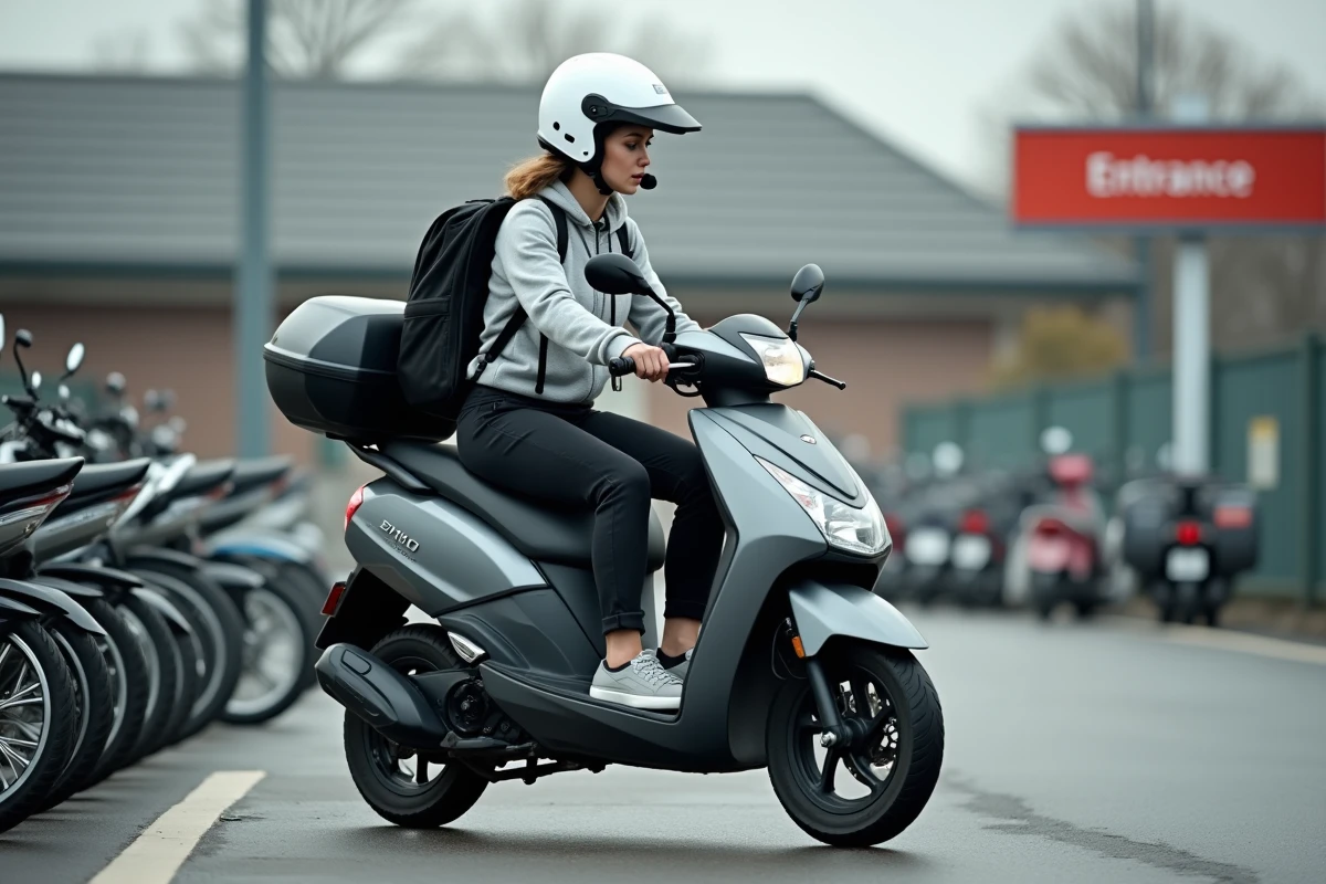 Femme s'apprêtant à partir au travail sur son scooter Honda 125 dans un parking de gare de banlieue