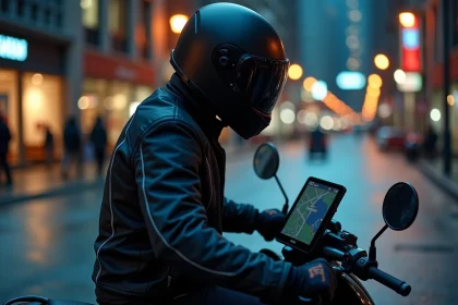 Scootériste de nuit paramétrant son GPS monté sur guidon à un carrefour urbain mouillé