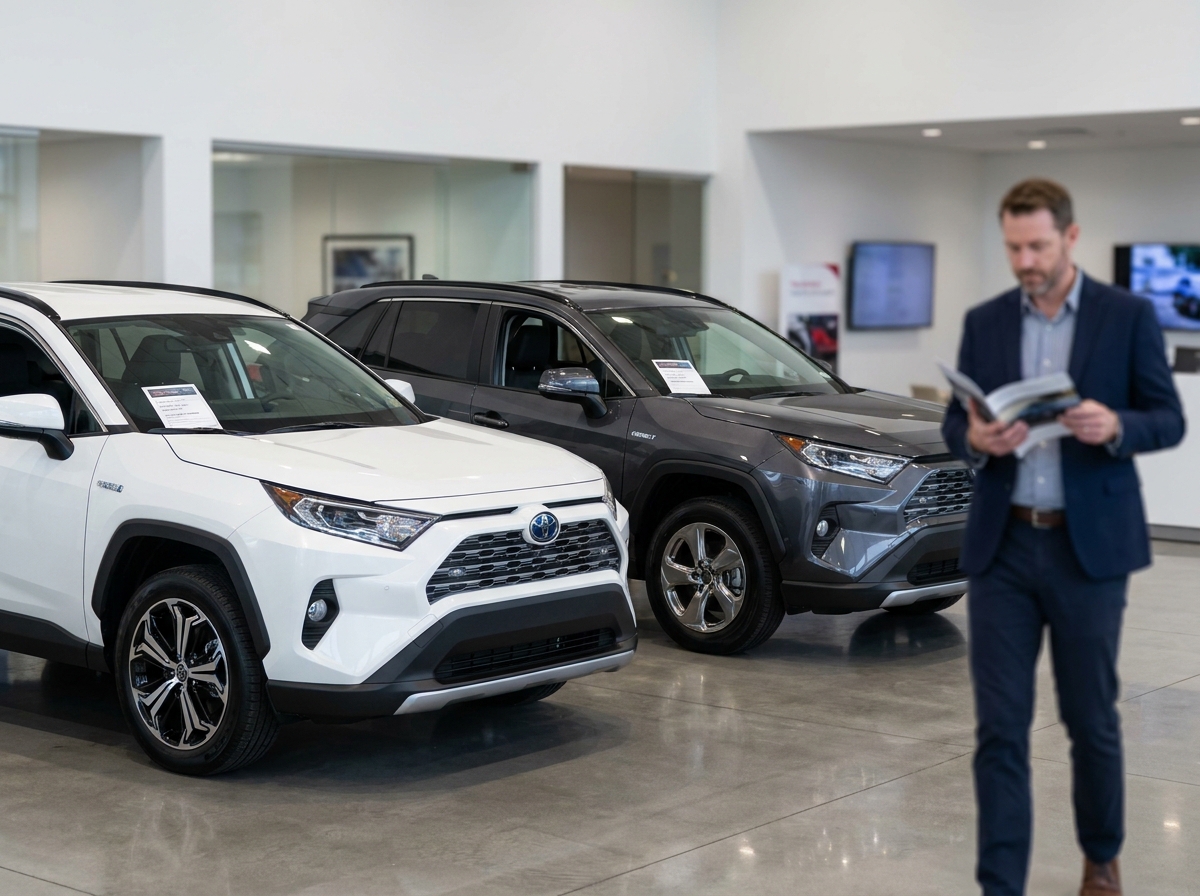 Showroom automobile avec deux SUV hybrides exposés côte à côte, fiches techniques et prix posées sur les capots