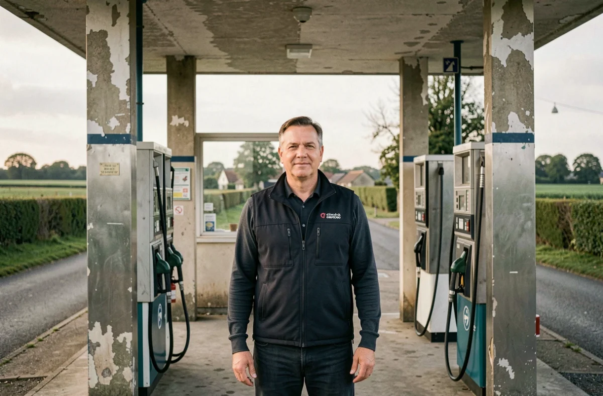 Employé de la Station de Lyères debout près des pompes à carburant d'une station-service rurale en Normandie