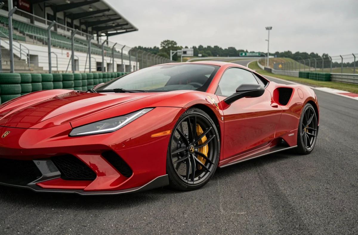 Supercar rouge sur circuit de course lors d'un stage de pilotage haute performance