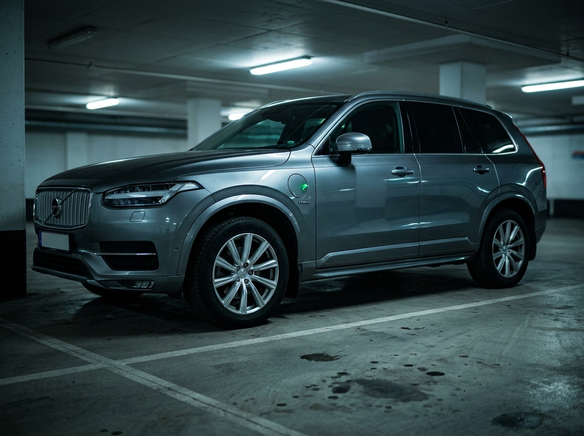 SUV hybride rechargeable garé dans un parking urbain, vue trois quarts avant montrant le badge hybride et la prise de charge