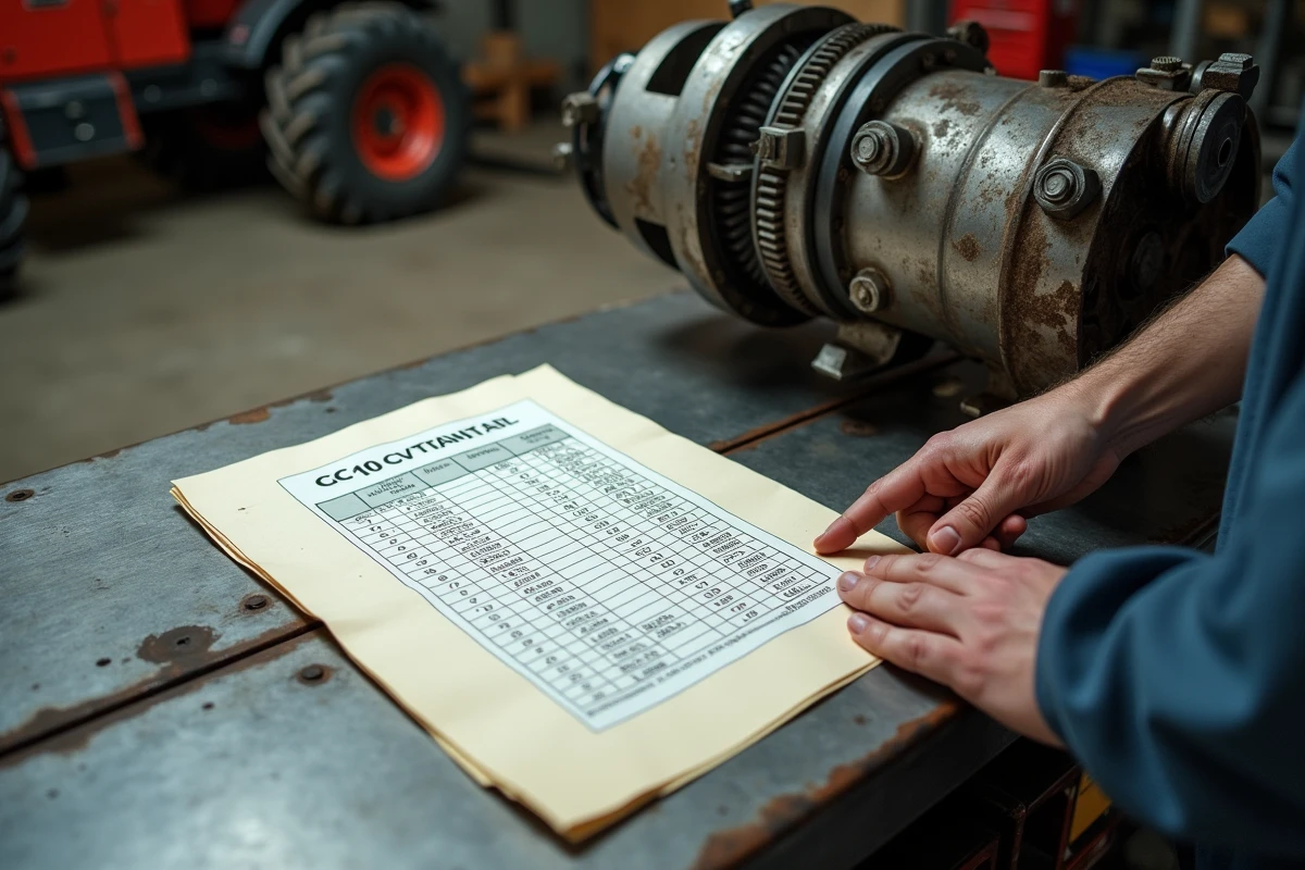 Tableau de conversion CC en CV posé sur un établi d'atelier agricole avec pièce moteur de tracteur