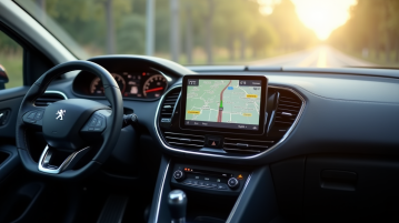 Tableau de bord Peugeot avec GPS intégré en plein jour
