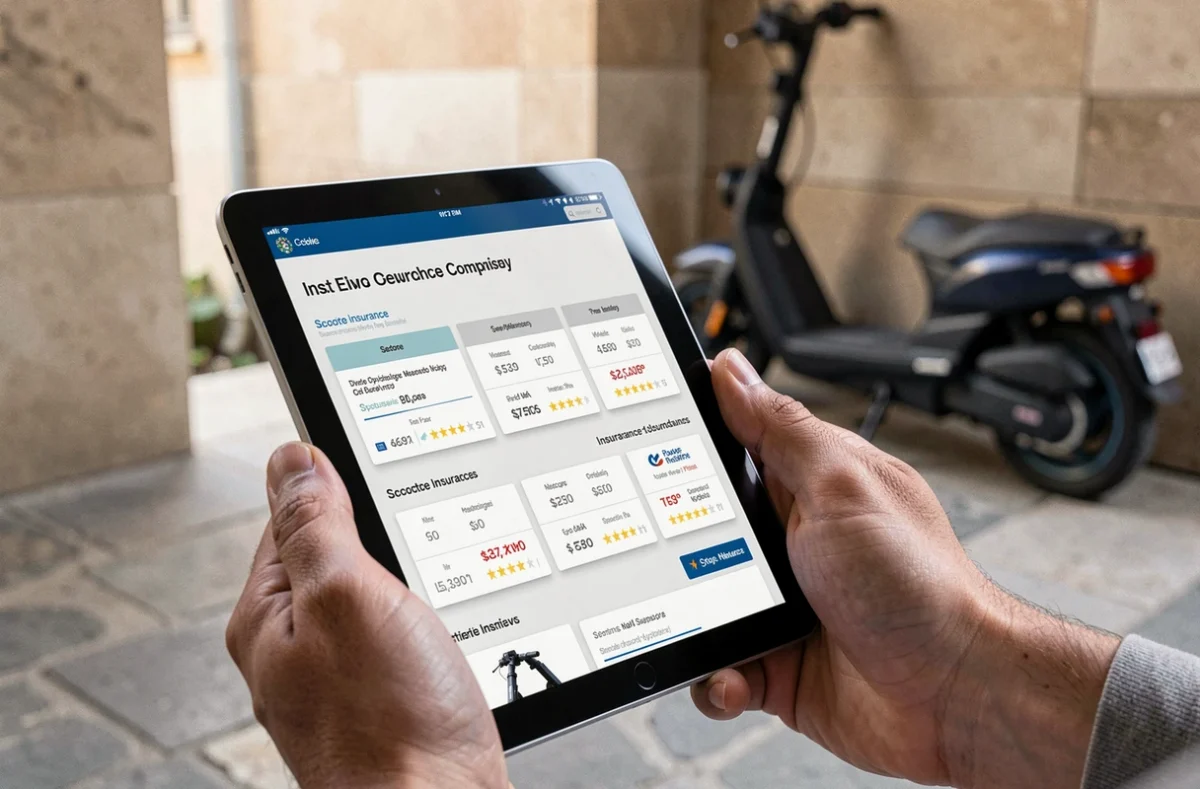 Gros plan de mains tenant une tablette affichant un comparateur d'assurance scooter électrique en ligne