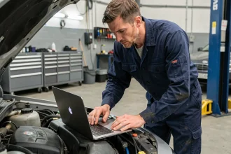 Technicien automobile connectant un diagnostic OBD à un moteur pour une reprogrammation moteur professionnelle