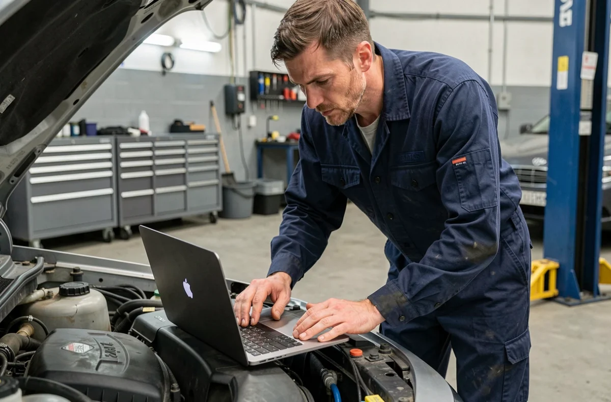 Technicien automobile connectant un diagnostic OBD à un moteur pour une reprogrammation moteur professionnelle