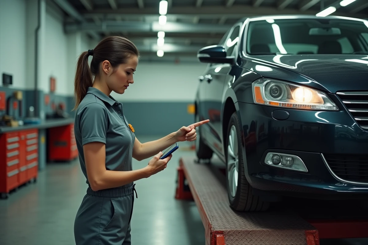 Technicienne automobile consultant un document technique sur smartphone près d'un véhicule sur pont élévateur