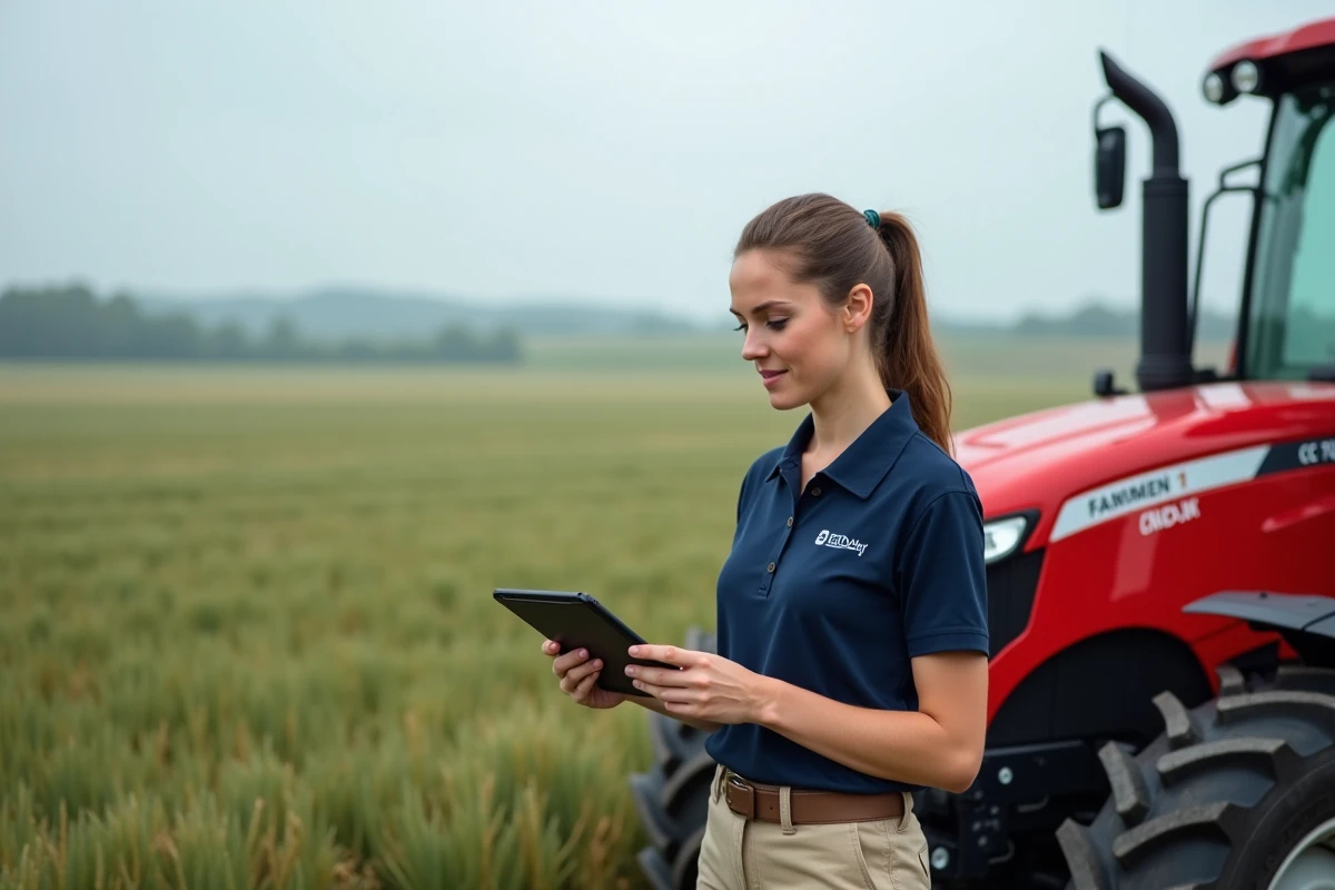 Technicienne agricole utilisant un outil numérique de conversion CC en CV près d'un tracteur en plein champ