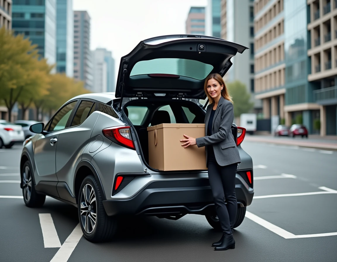 Femme chargeant le coffre d'un Toyota C-HR en parking urbain pour un usage professionnel quotidien