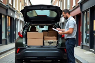 Toyota C-HR coffre ouvert chargé de caisses et outils pour usage professionnel en livraison urbaine