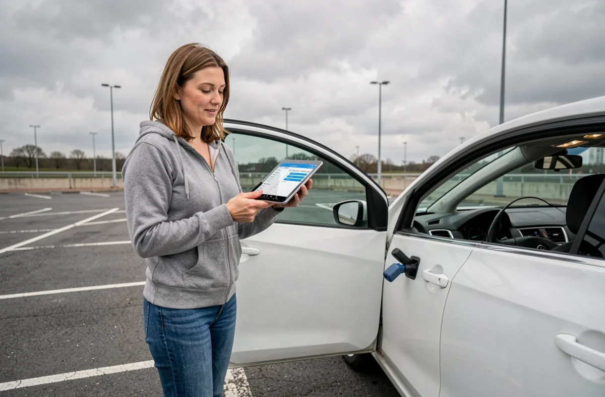 Femme utilisant une valise de diagnostic OBD2 connectée à une voiture blanche dans un parking