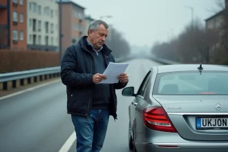Homme d'Europe de l'Est examinant des documents administratifs à côté d'une voiture avec une plaque d'immatriculation ukrainienne garée en Europe occidentale