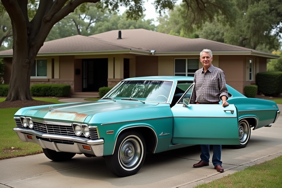 Vendeur particulier présentant une Chevrolet Impala 1967 turquoise à vendre dans une allée résidentielle américaine