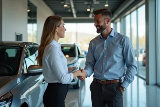 Homme et vendeuse souriants devant une Clio 5 en concession