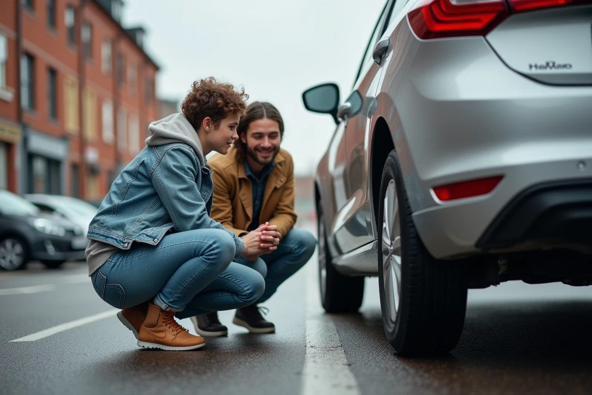 Deux amis examinant la carrosserie d'une voiture d'occasion dans une rue urbaine