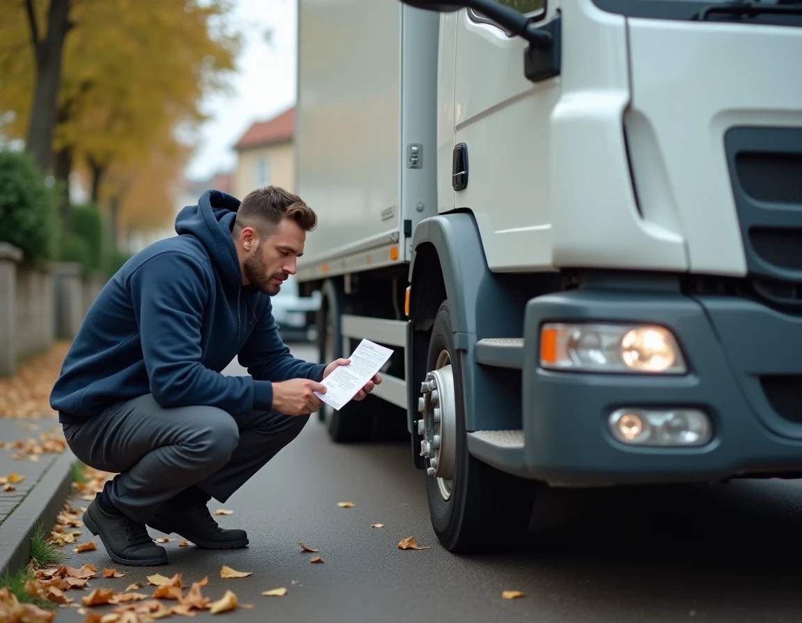 Homme vérifiant le contrat de location d'un camion Super U avant un déménagement en solo dans une rue résidentielle