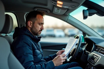 Homme examinant attentivement les documents d'achat d'un Seat Ateca à l'intérieur d'une concession automobile