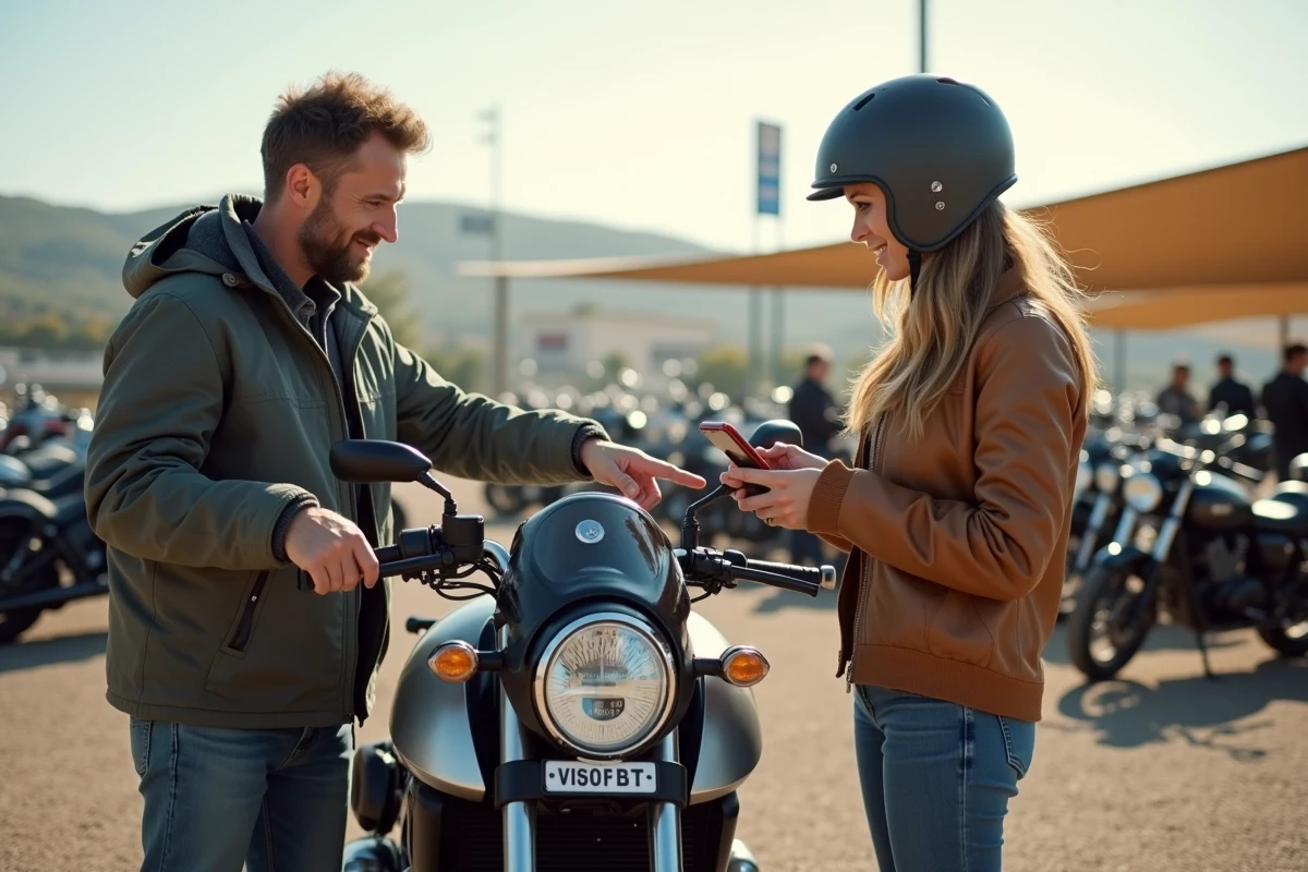 Couple examinant le tableau de bord d'une moto d'occasion dans un concessionnaire à Agde lors d'une vérification pré-achat
