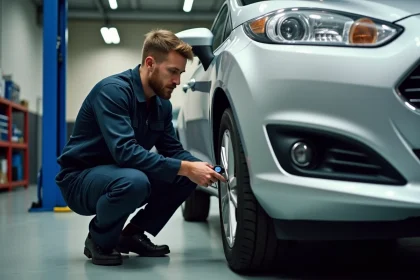 Mécanicien vérifiant la pression des pneus d'une Ford Fiesta avec un manomètre numérique dans un garage professionnel