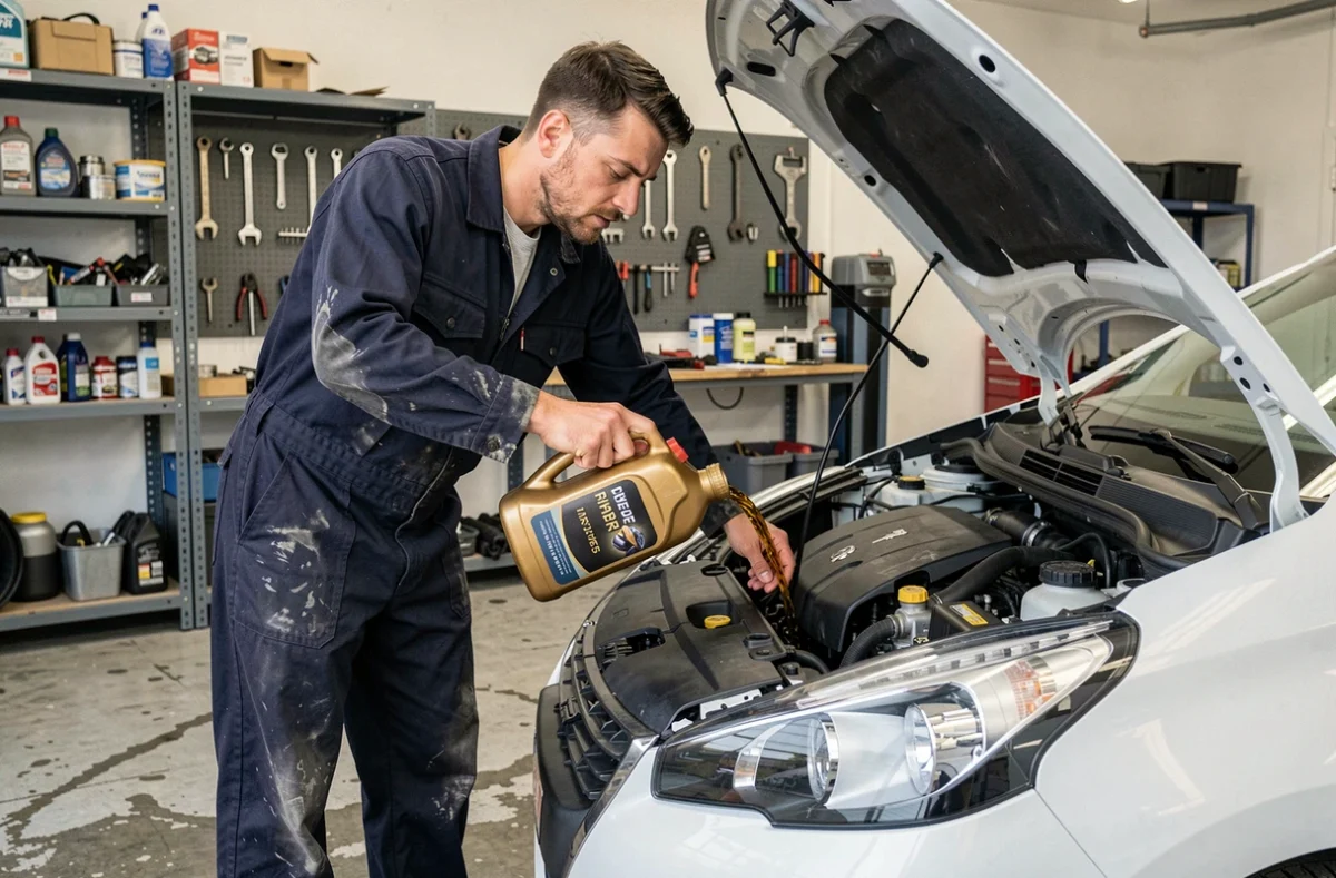 Mécanicien versant de l'huile moteur dans une Peugeot 208 essence lors d'une vidange en garage