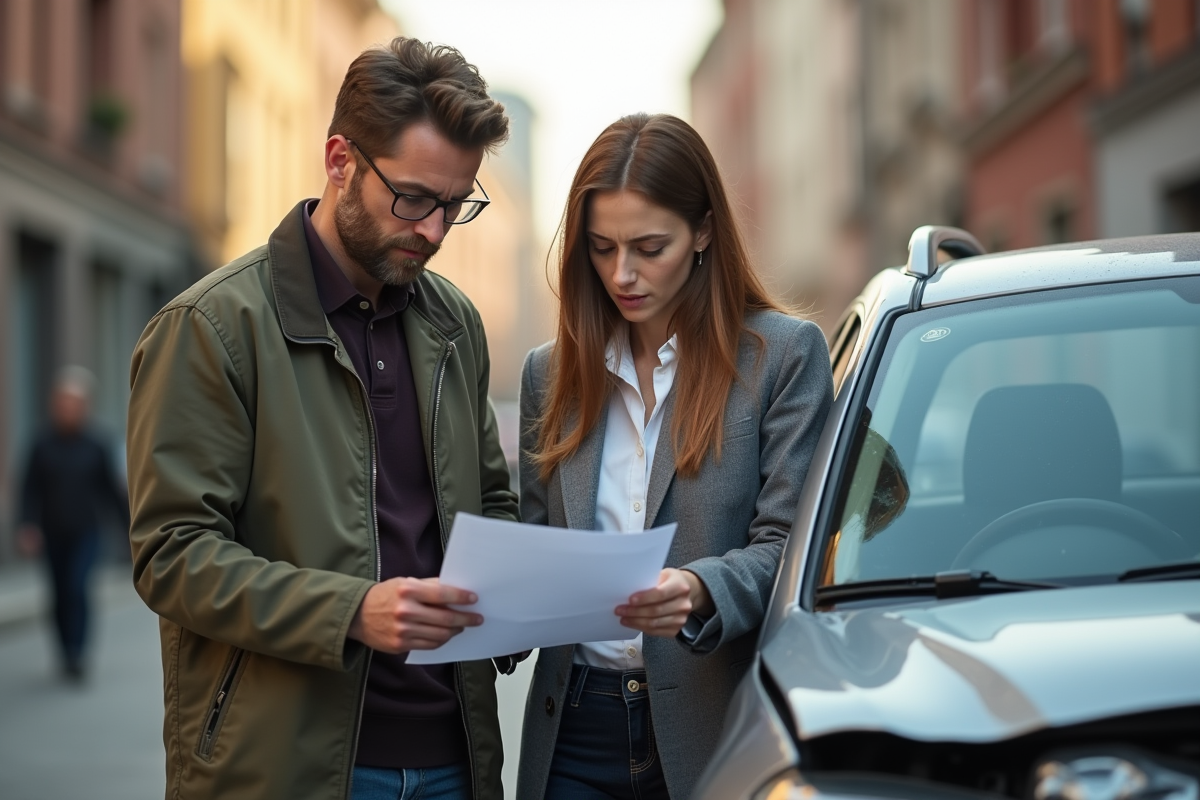 Homme et femme examinant documents d'assurance voiture endommagée