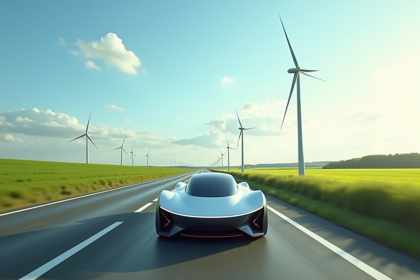 Voiture électrique futuriste sur route de campagne en France