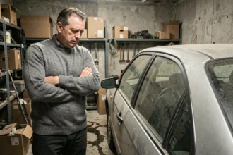 Homme contemplant sa voiture inutilisée garée dans un garage poussiéreux, illustrant l'obligation d'assurance même sans usage