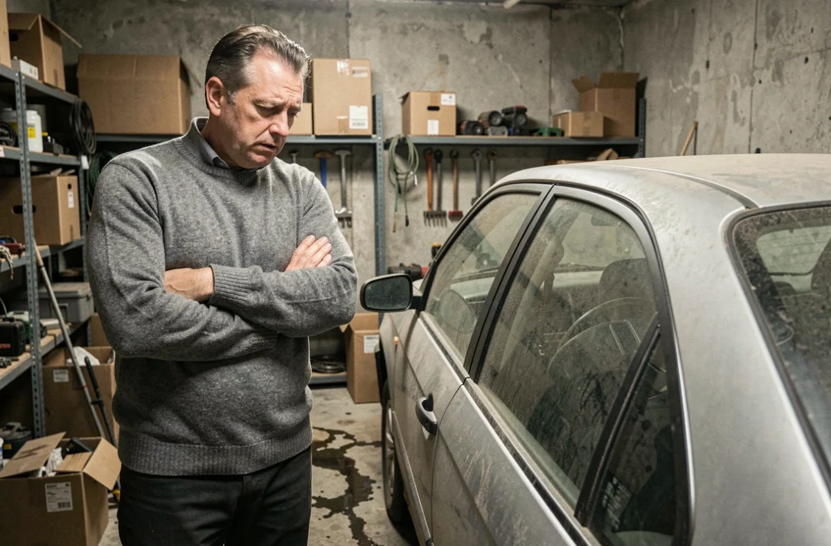 Homme contemplant sa voiture inutilisée garée dans un garage poussiéreux, illustrant l'obligation d'assurance même sans usage