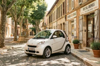Voiture sans permis garée dans une rue pittoresque d'Aix-en-Provence avec fontaine provençale en arrière-plan