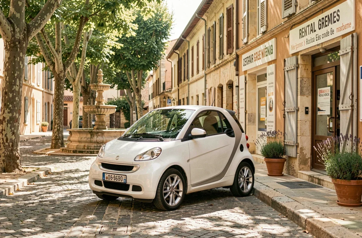Voiture sans permis garée dans une rue pittoresque d'Aix-en-Provence avec fontaine provençale en arrière-plan